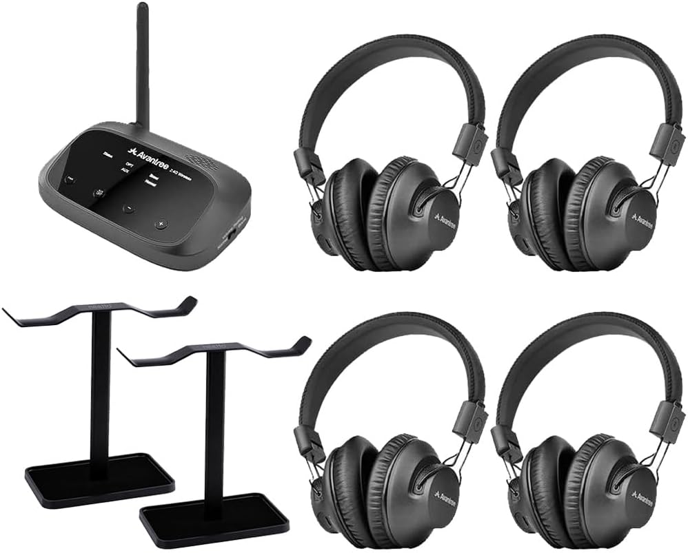 Quartet & Headphones Stand Bundle: 4 Wireless Headphones & 1 Transmitter + 2 Dua