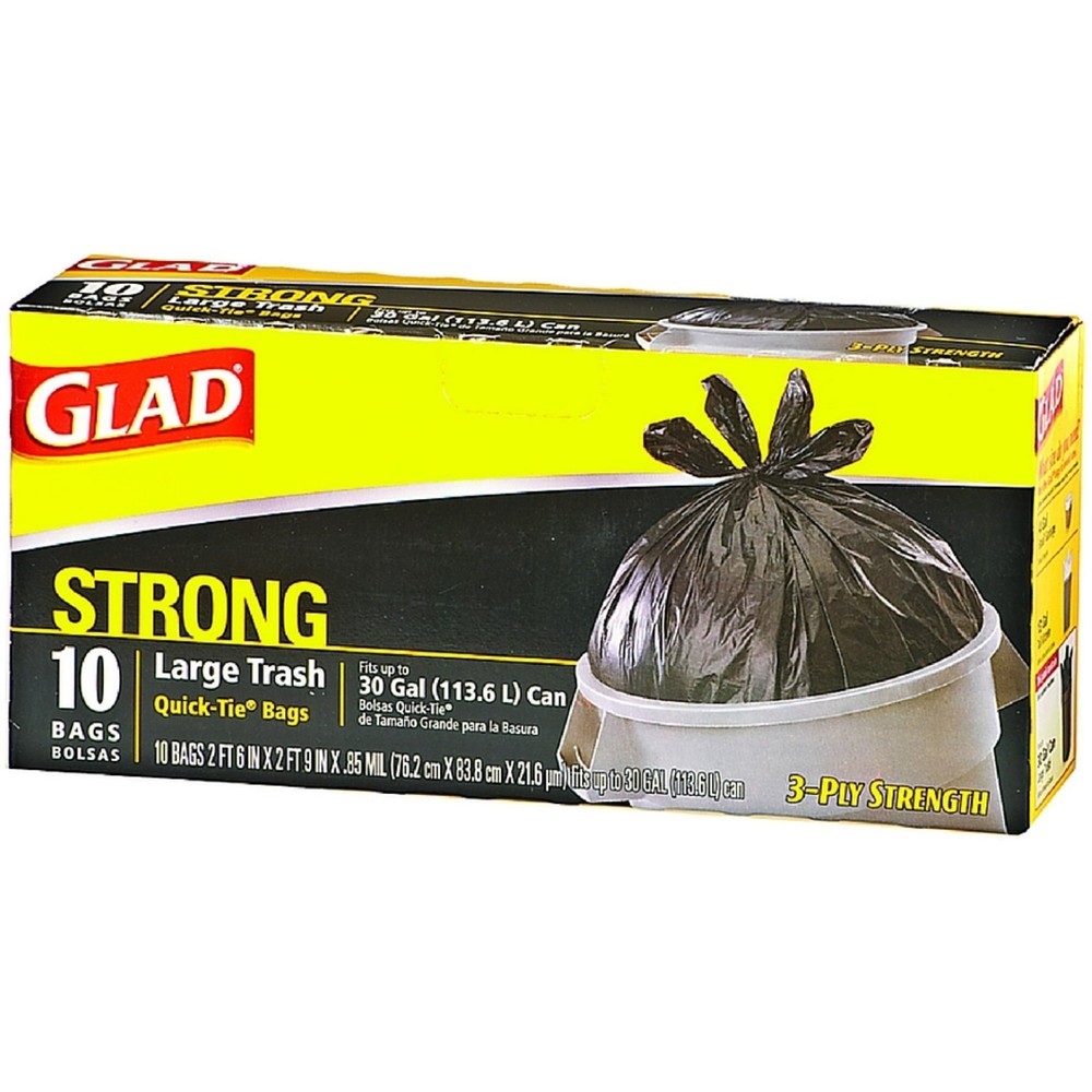 Glad Quick Tie Strong Large Trash Bags, 30 Gallon, Black 10 Ct (2 Pack)