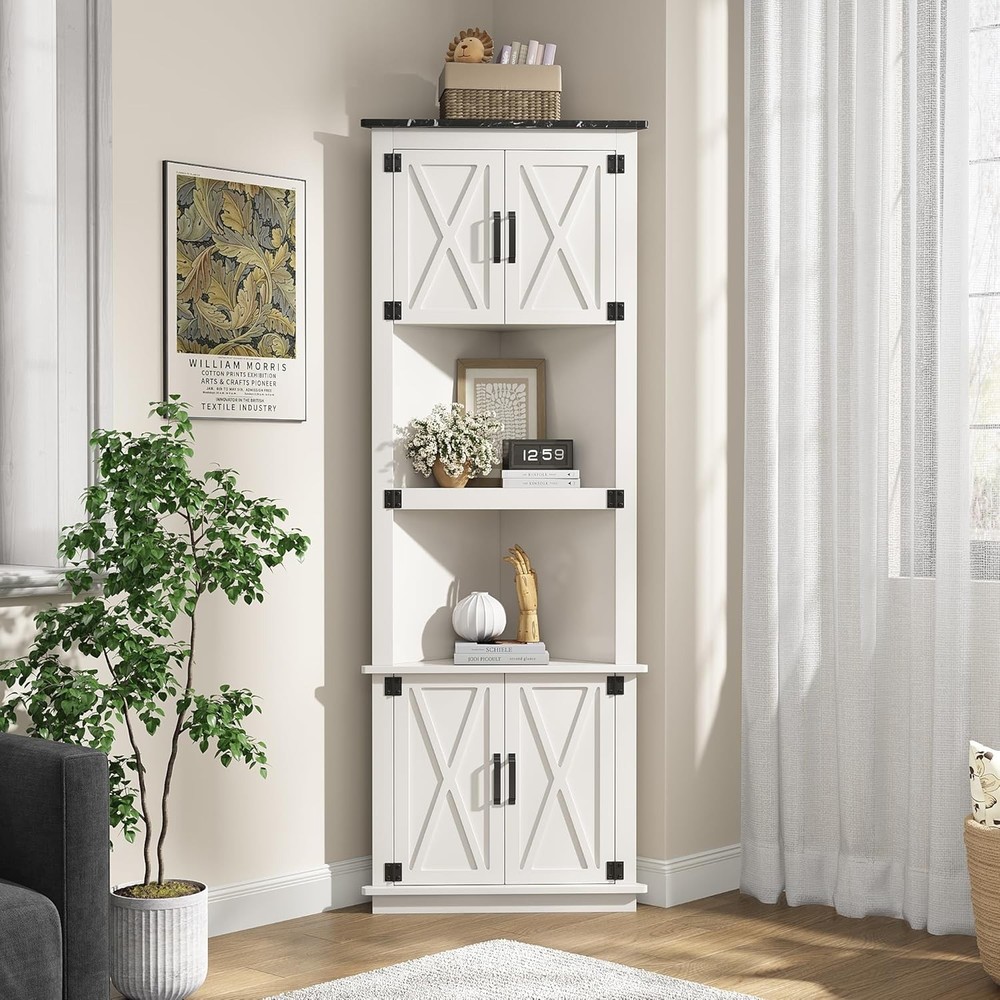 68-Inch Farmhouse Corner Cabinet with 4 Barn Doors & 2 Open Shelves for Stylish Storage