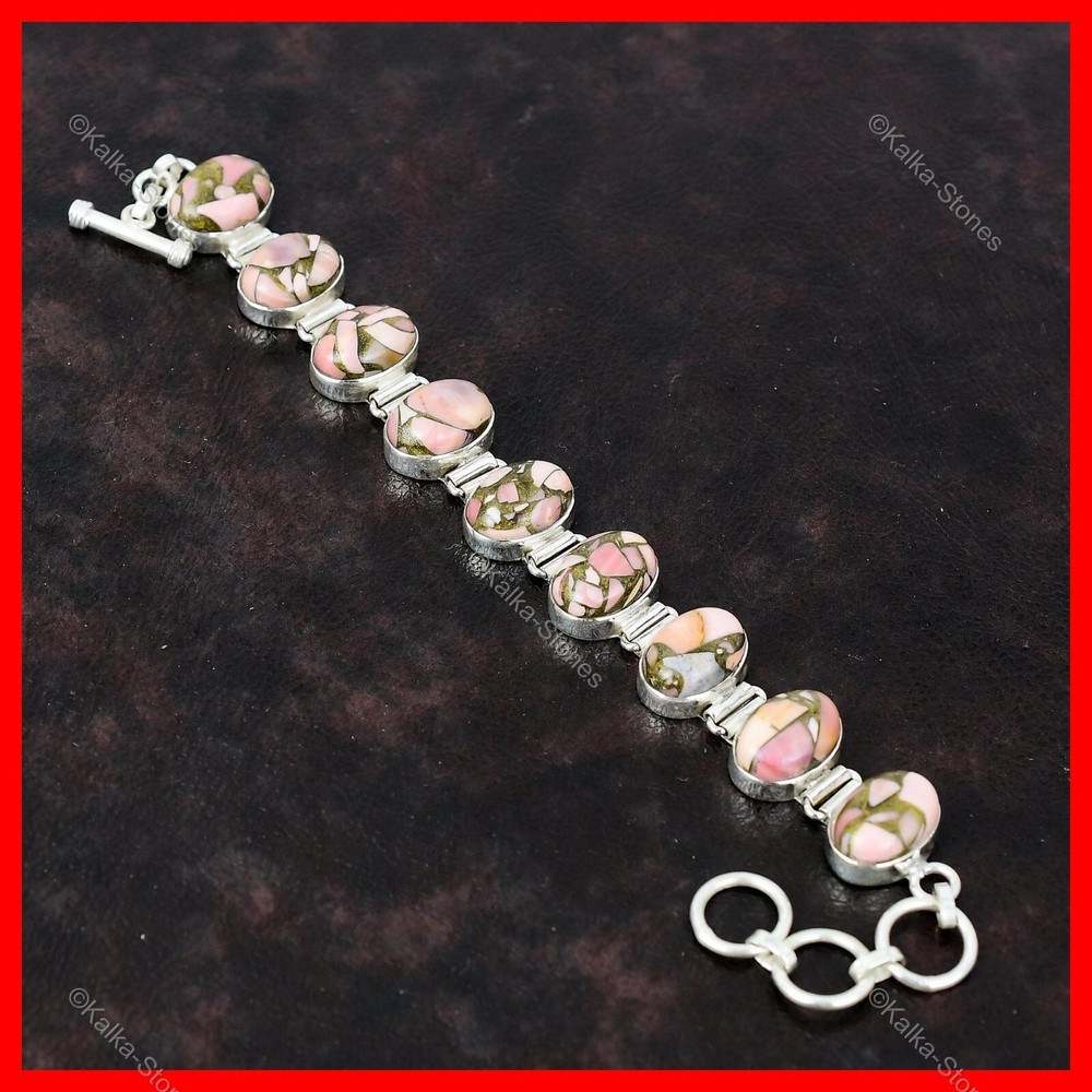 Cyber Monday Deal Copper Pink Opal Gemstone Chain Wife Bracelet Sterling Silver-image