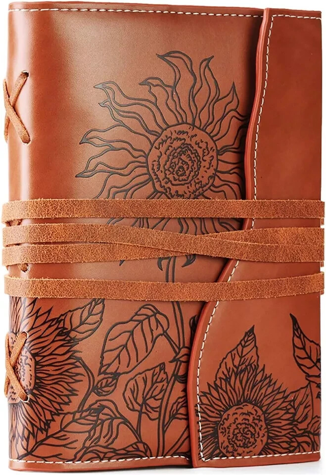 Brown Vegan Leather Journal , Refillable Lined Diary, Embossed Cover Notebook