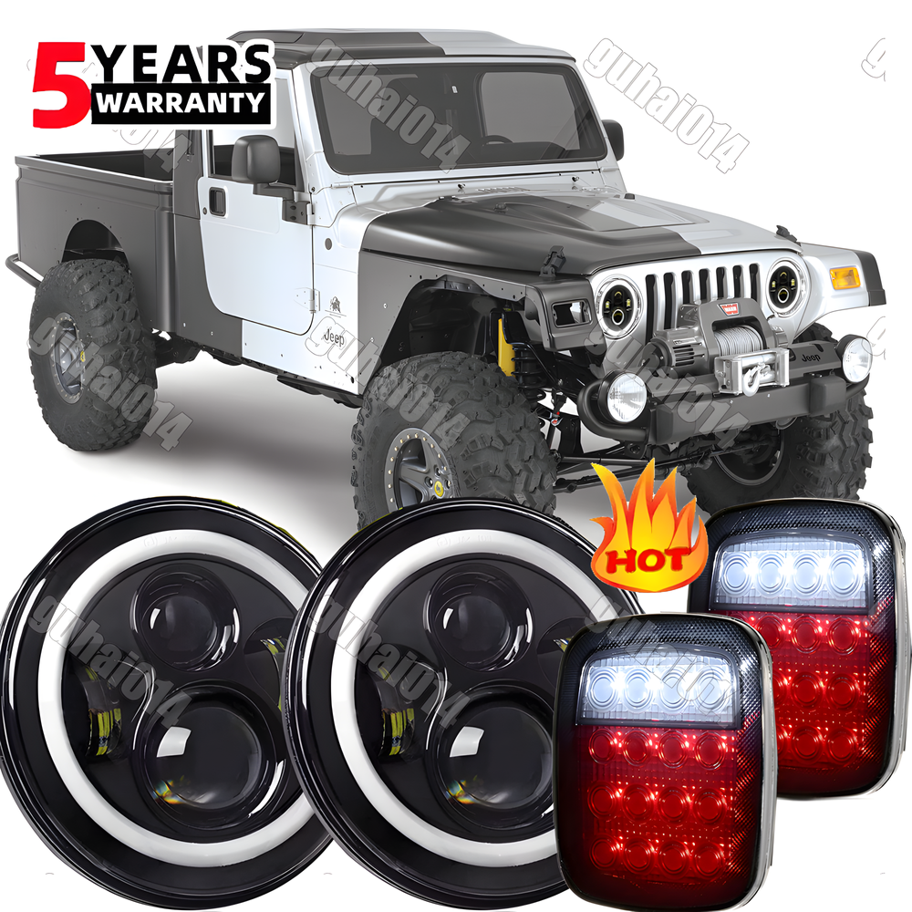 For 97-06 Jeep Wrangler TJ 4Pcs LED Headlights High Low DRL Beam+Tail Lights Kit