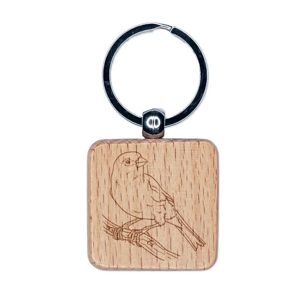 Canary Engraved Wooden Square Keychain Charm with Songbird Design  