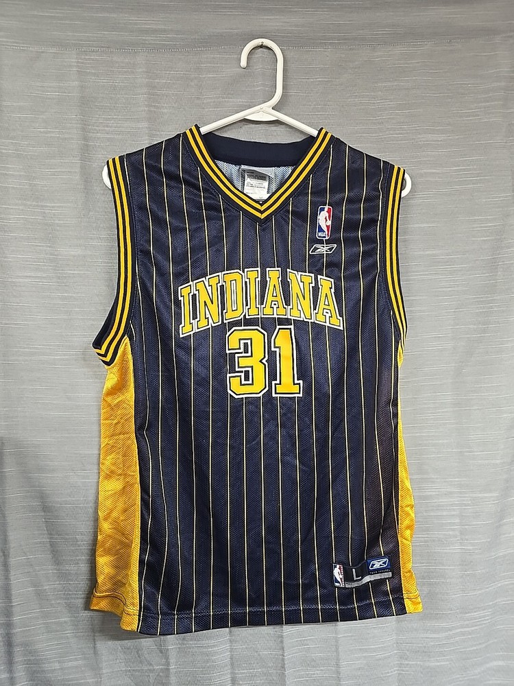Reebok Indiana Pacers Reggie Miller Jersey Youth Large Blue Striped #31 NBA Y2K