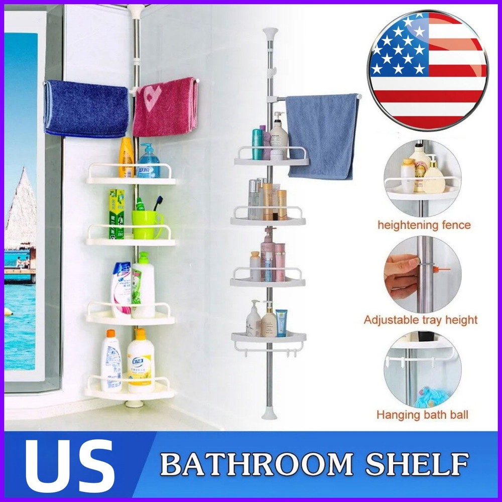 4 Tiers Shower Corner Pole Caddy Shelves Telescopic Bathroom Wall Storage Rack