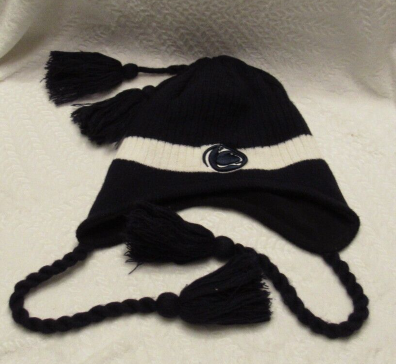 Penn State Nittany Lions Beanie Adult Blue Knit Lined Ear Flaps NCAA Tasseled