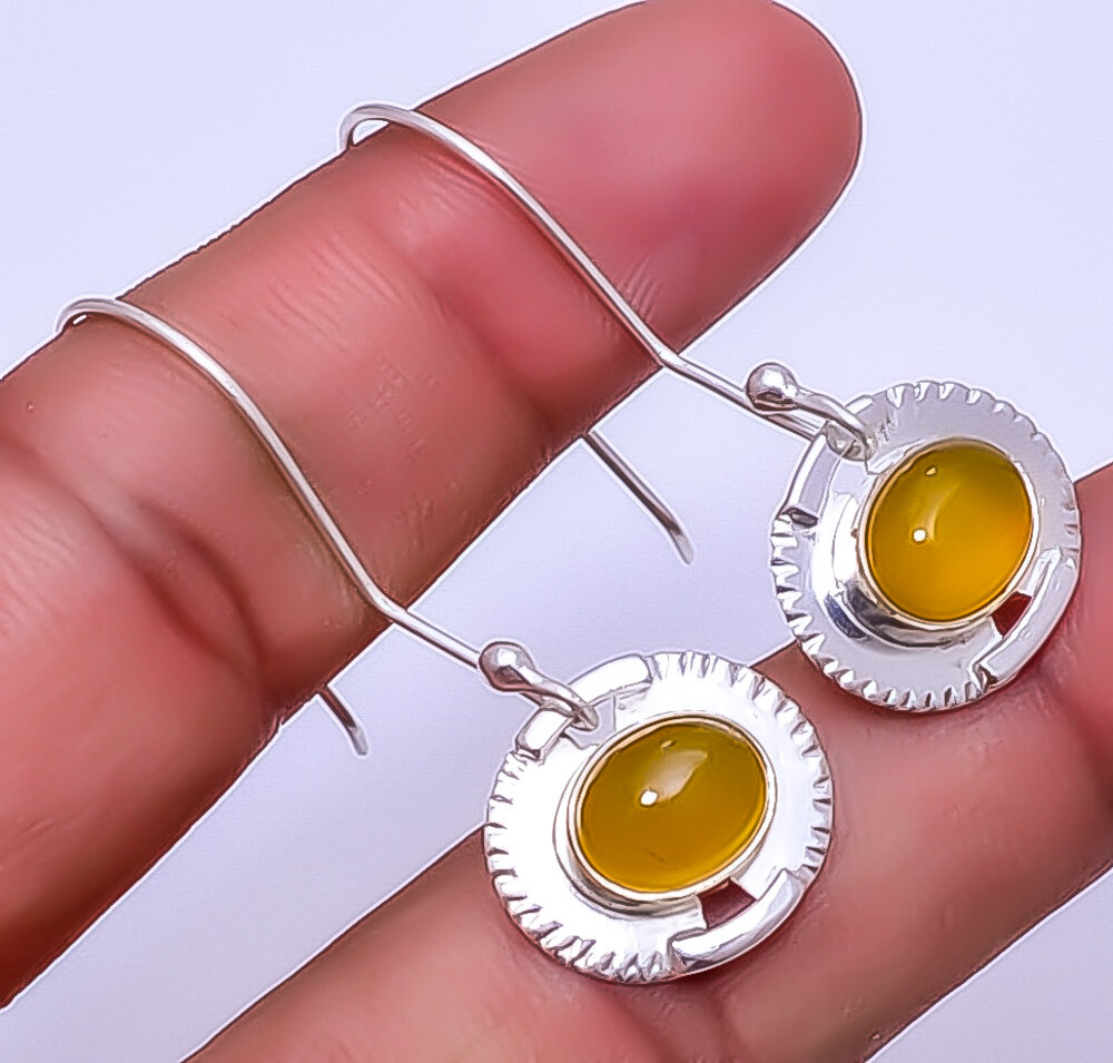 Yellow Onyx Handmade Sterling Silver Designer Earrings 1.72 Inches E9343  