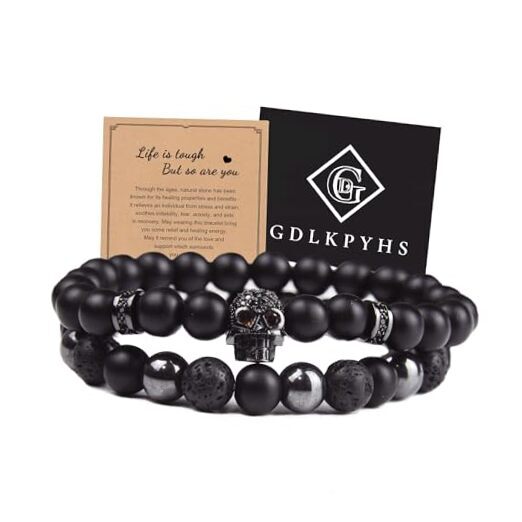 Black Obsidian Bracelet - Bracelet - Tourmaline Beaded Bracelets - 8MM Skull