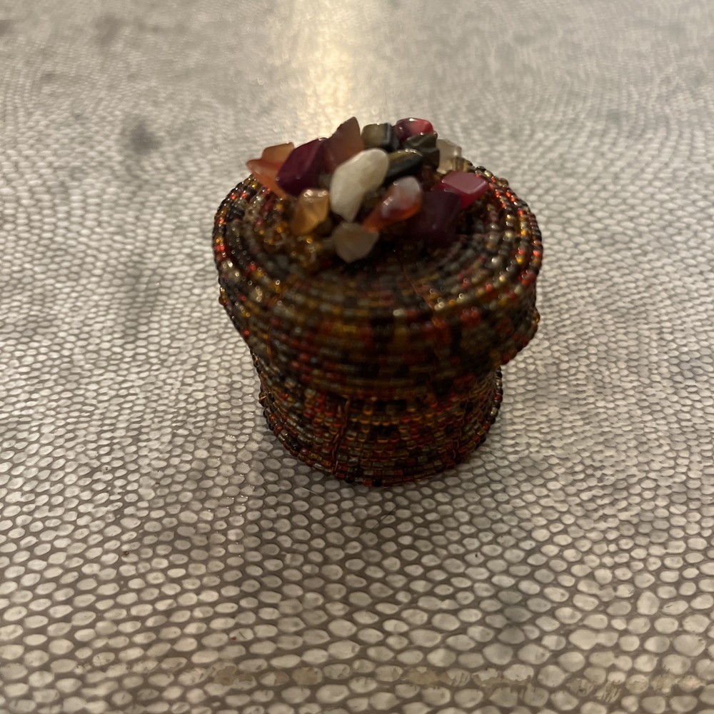 Beaded Trinket Jewelry Box Vintage Round Lidded With Stones Handmade 2