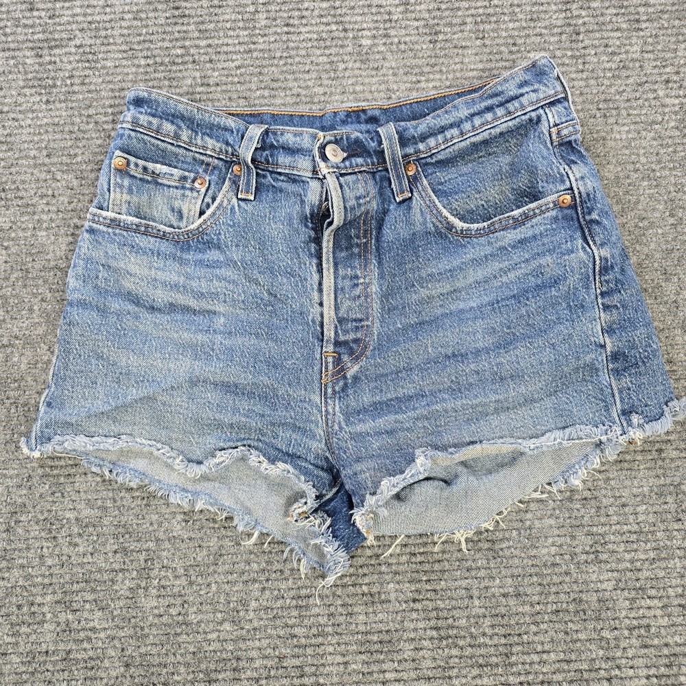Levi's 501 Shorts Womens 28 Blue Cutoff Distressed Button Fly High Rise Denim