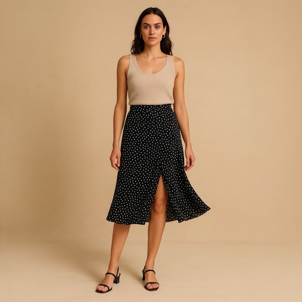 Abercrombie & Fitch Women’s Midi Skirt XS Navy White Dot Front Slit Chic Classic