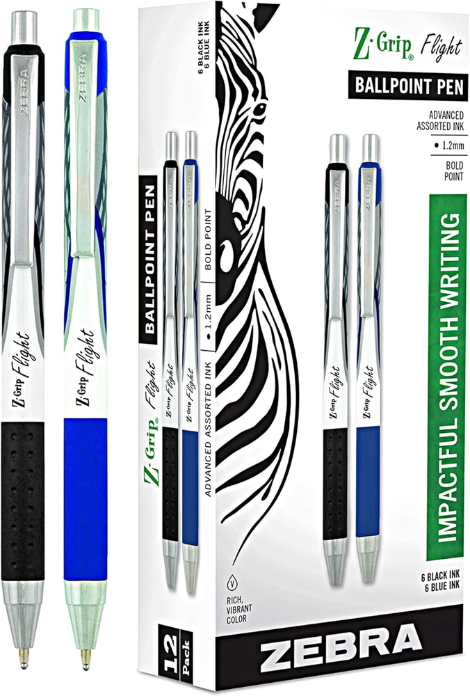 Z-Grip Flight, Large Bulk Combo Pack of 6 BLACK INK & 6 BLUE INK Retractable Ba