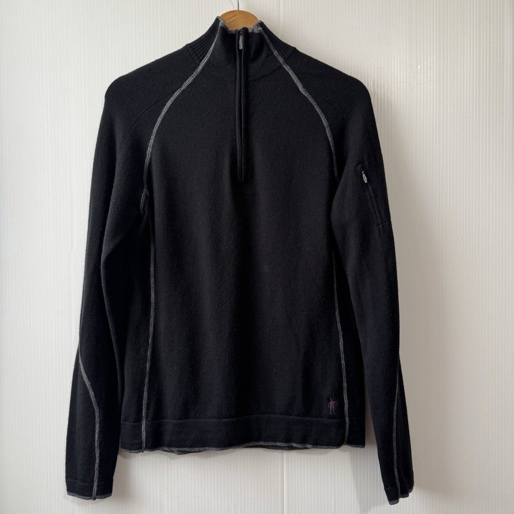 Smartwool Merino Wool Base Layer Quarter Zip Pullover Womens M Black Pocket