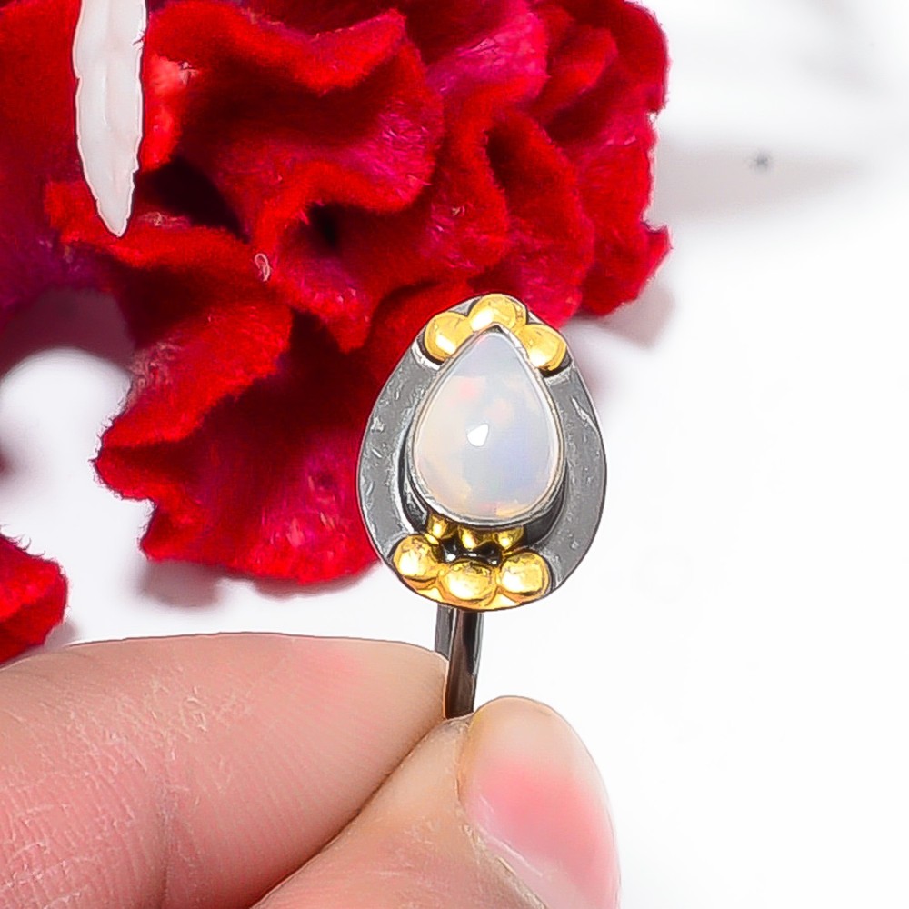 Natural Opal - Ethiopia Black And Gold Plated 925 Sterling Silver Ring S.8.5 R29