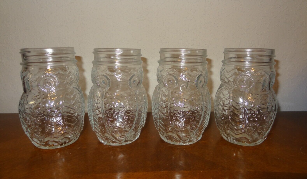 3D Clear Glass Owl Mason Jars Set of 4 for Canning and Decor