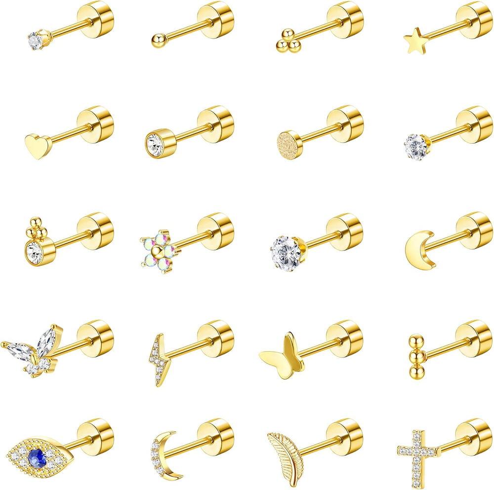 20Pcs 20G Stainless Steel Flat Back Earrings for Women Men Small Cartilage Studs