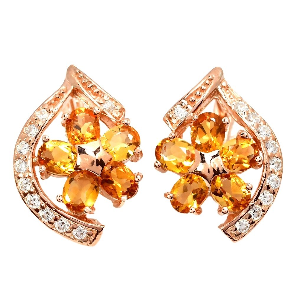 Natural Orangish Yellow Citrine and White CZ 925 Sterling Silver Flower Earrings
