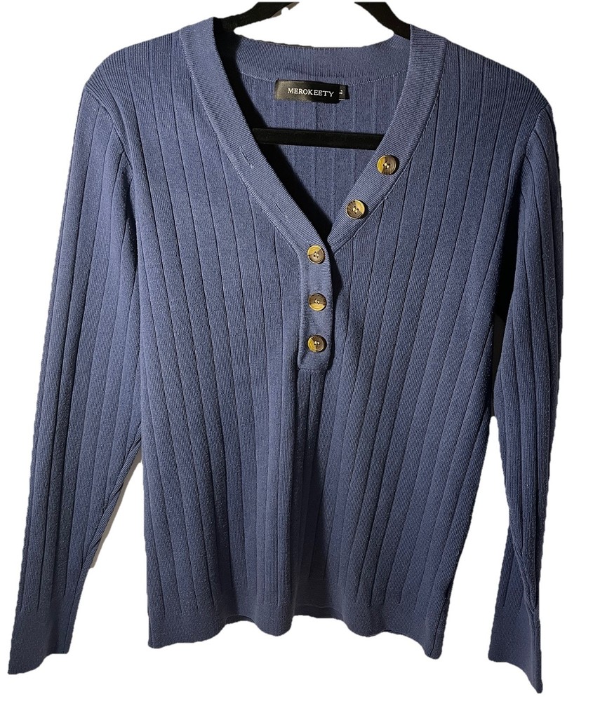 Merokeety Women's Large V-Neck Button Down Long Sleeve Ribbed Sweater Blue