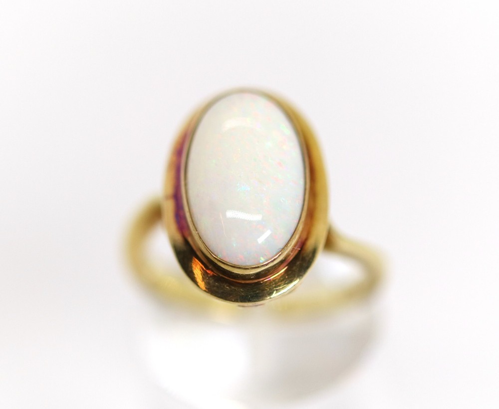 Ladies Yellow Gold Ring White Opal 14Kt – 585, Oval Cabochon Basket, Size 52