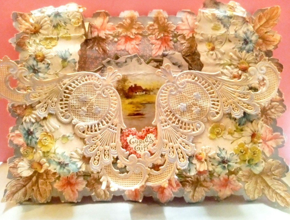 Antique Victorian Paper Lace Scrap Die Cut VALENTINE'S DAY CARD Gold 1900s Cupid