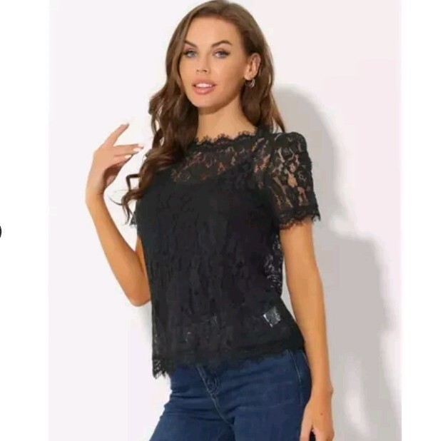 Women's Lace Floral Scalloped Short Sleeve Sheer Blouse Size L