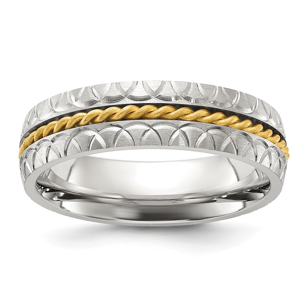 Titanium Polished and Textured Yellow IP-plated Center 6mm Band Ring Size 7