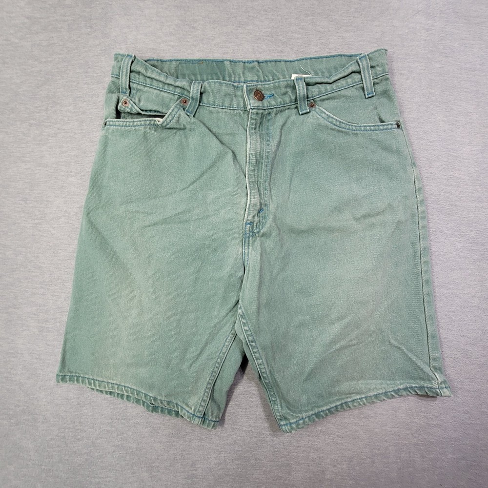 Vintage Levis 550 Denim Shorts Men 34 Green Relaxed Made in USA Jorts Orange Tab