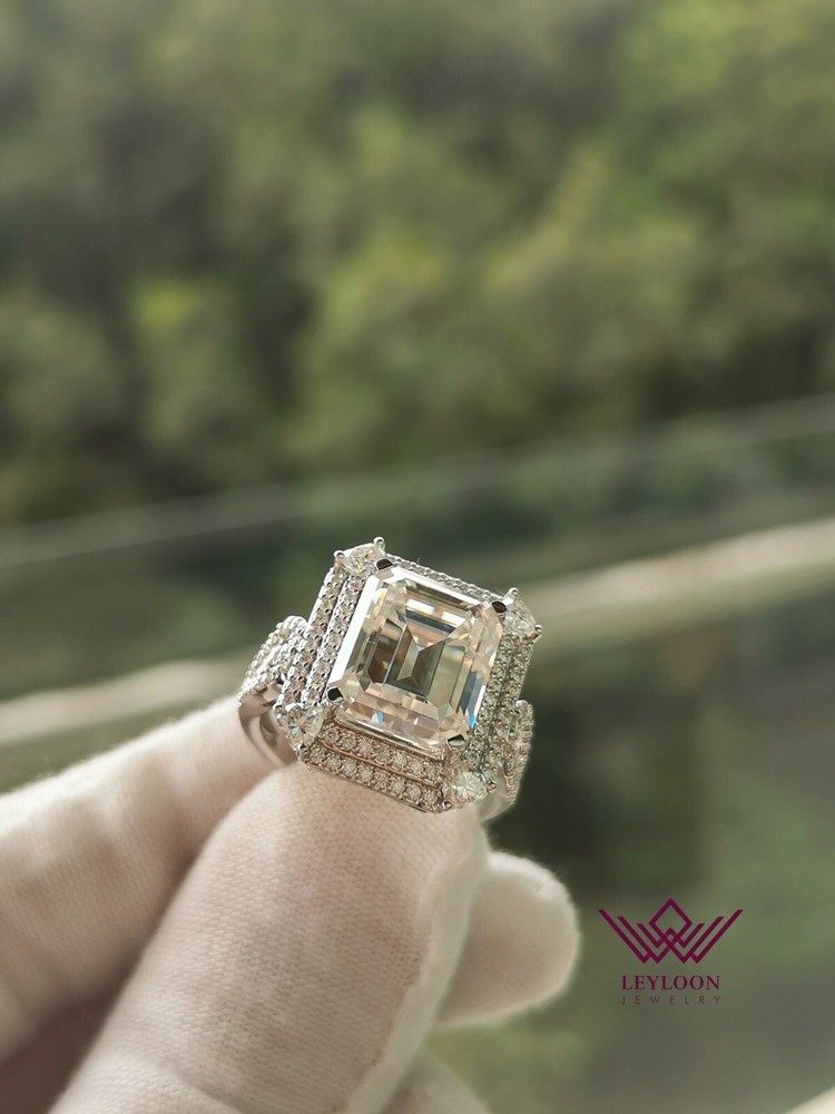 6 Carat D Colorless Emerald Cut Moissanite Double Halo Ring in 14K White Gold