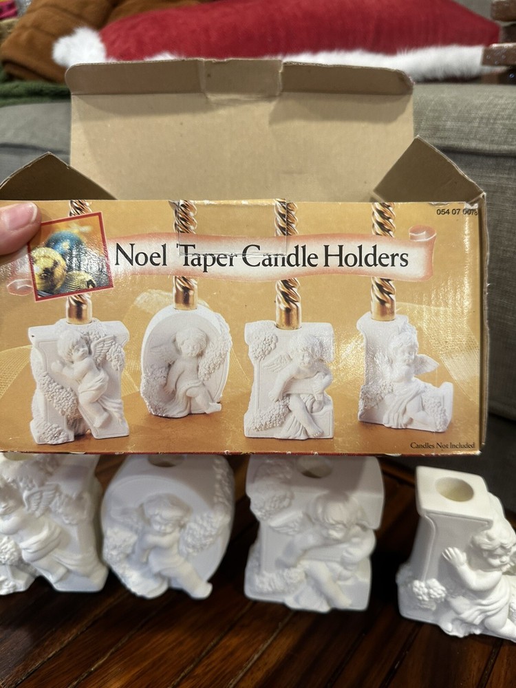 1996 Vintage Ceramic Bisque NOEL Cherub Angel Taper Candle Holders