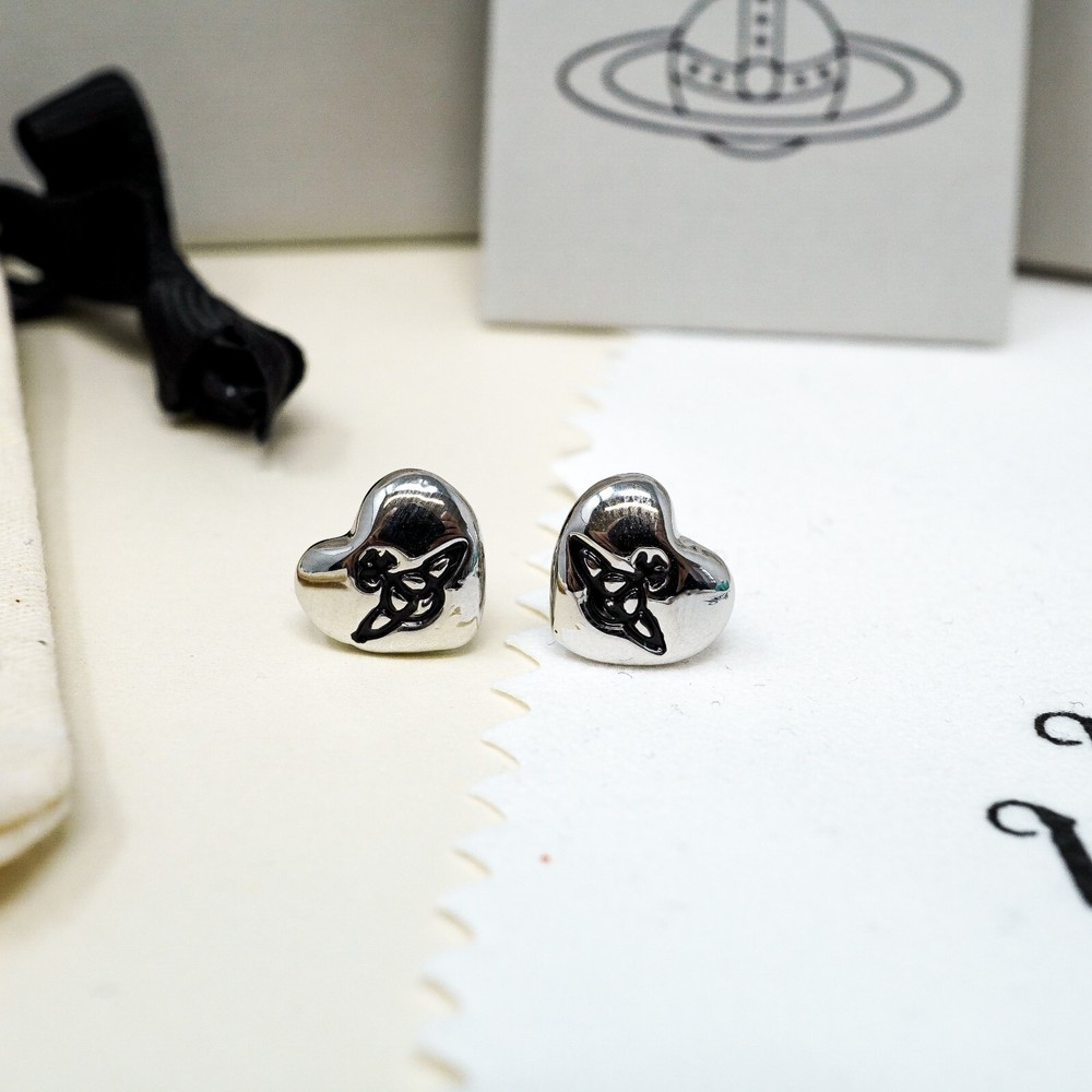 Vivienne Westwood Earrings, Small Silver & Black Heart Orb Studs Gift Box Set
