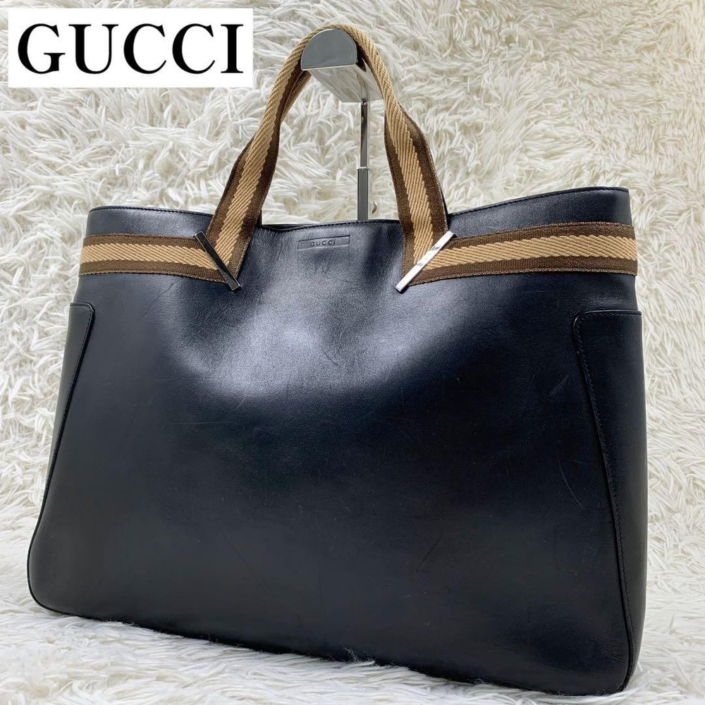 Gucci Sherry Line Black Leather A4 Tote Bag Handbag