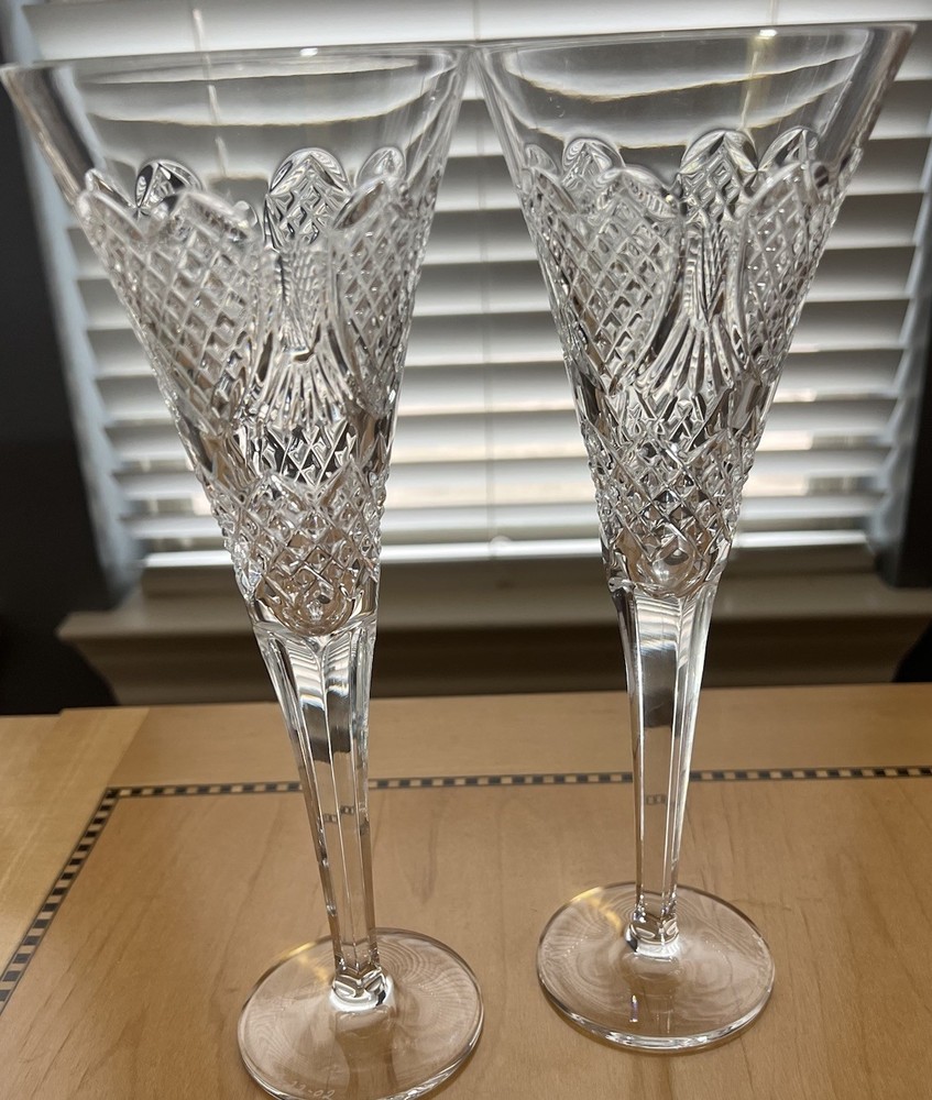 Waterford Millennium Hearts Champagne Flutes Signed by Master Engraver A Roche