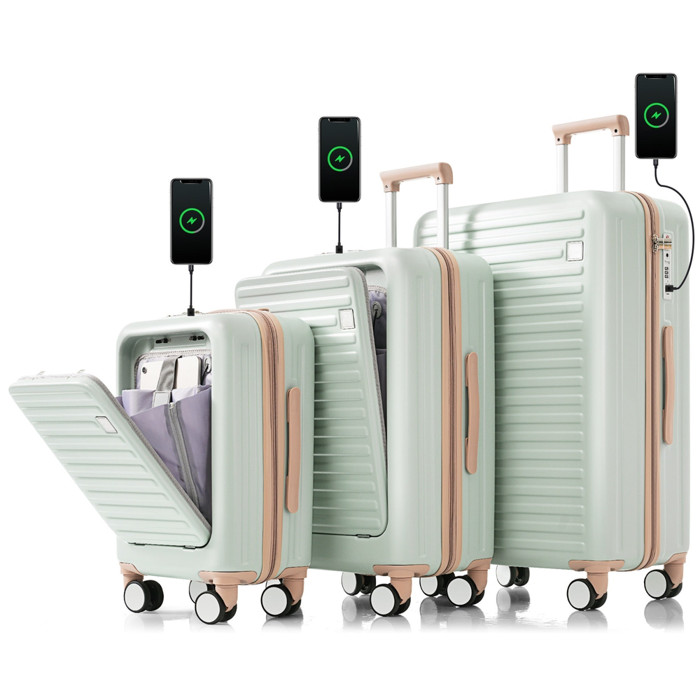 Luggage Set of 3, 20, 24, 28inch with USB Port, 20, grey green