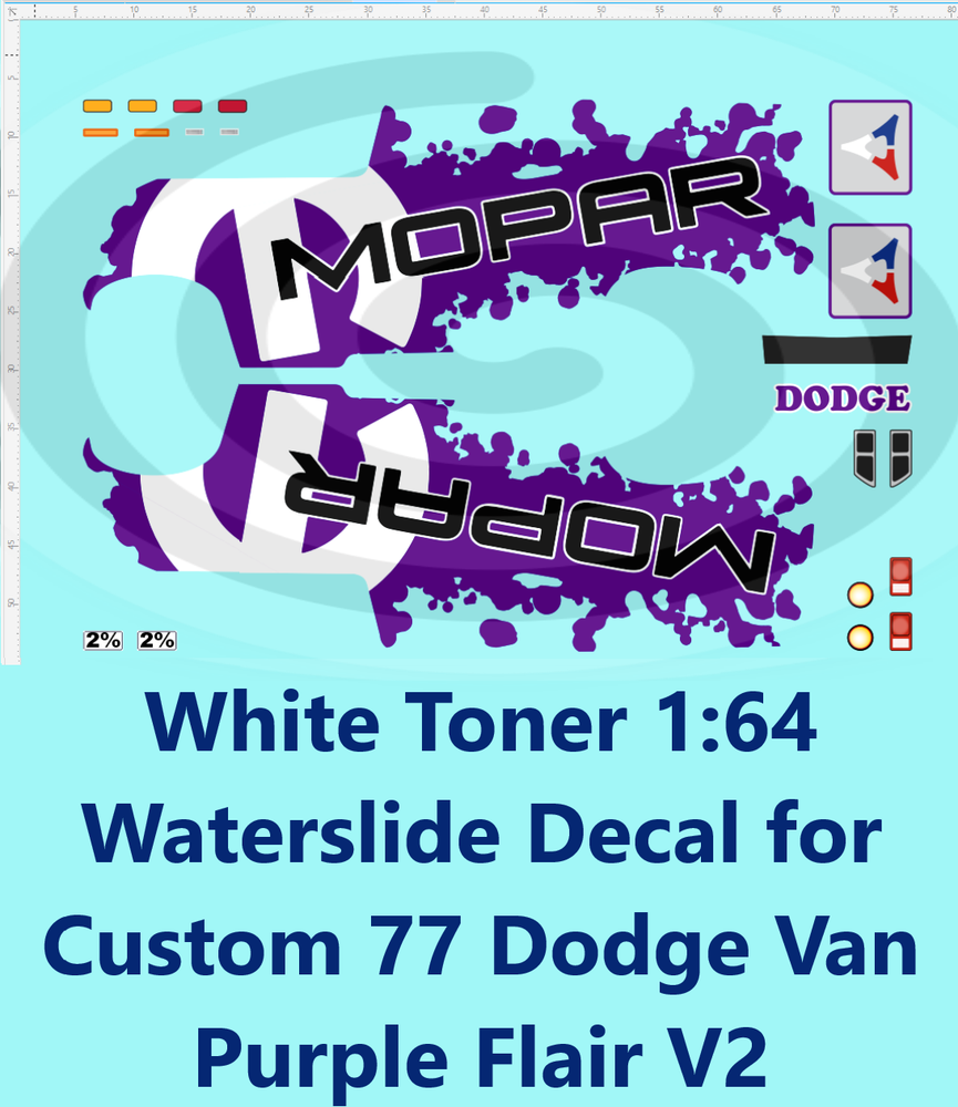 White Toner 1:64 Waterslide Decal for Custom 77 Dodge Van Purple Flair V2 - Perfect for Model Customization