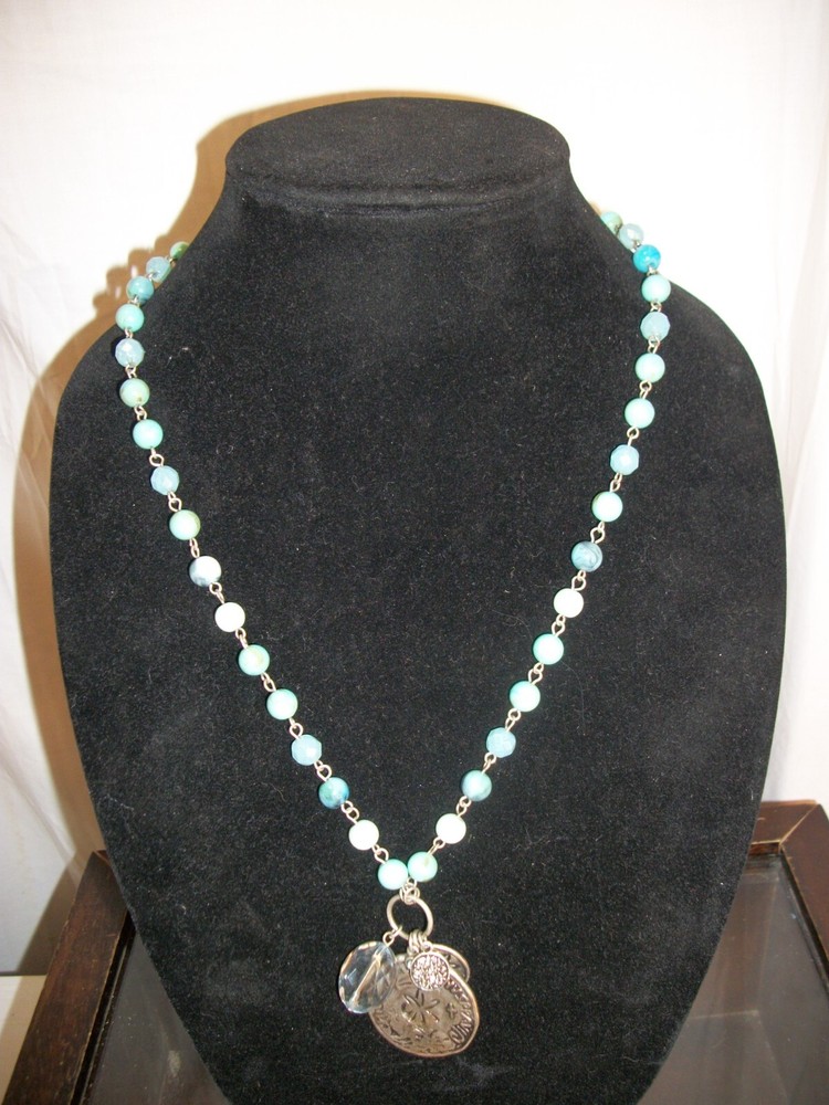Necklace Lane Bryant Silver Tone Pendant Blue Beaded, Signed