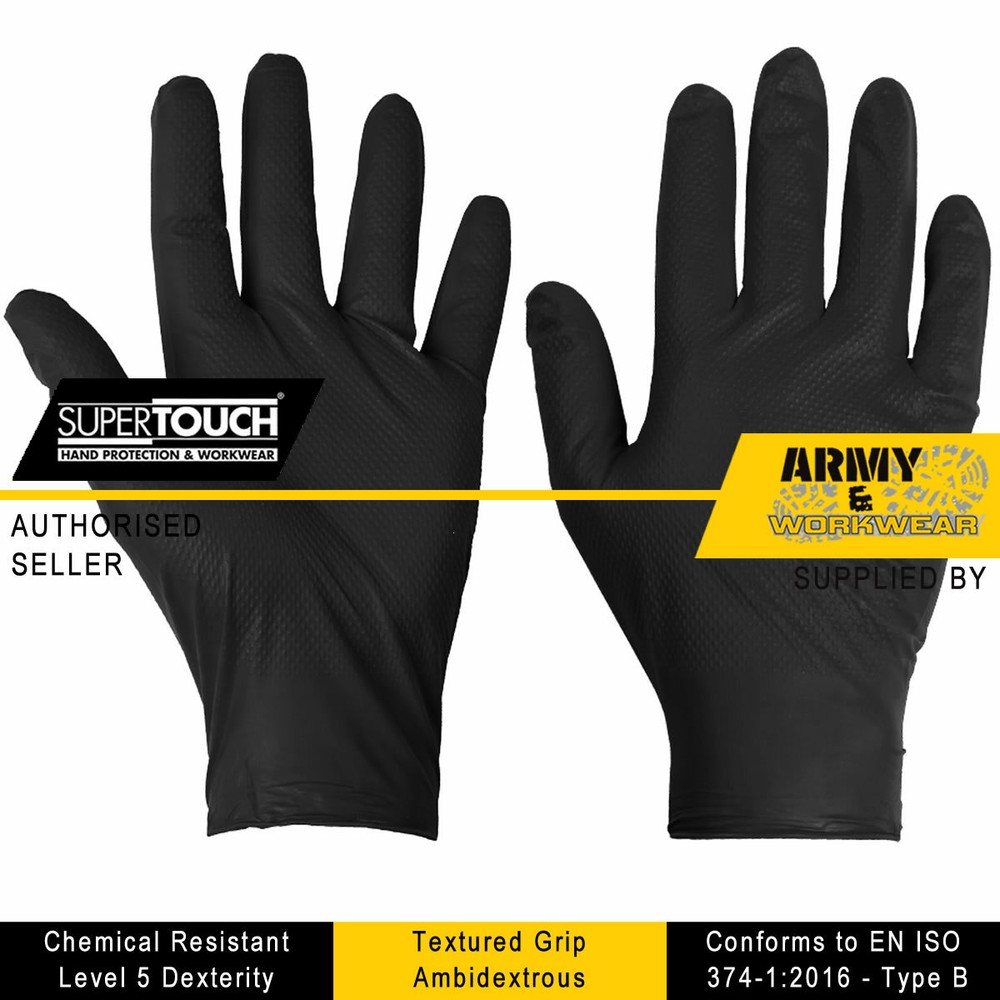 ST Black Nitrile Gloves Heavy Duty Diamond Grip Latex-Free Powder-Free Disposable