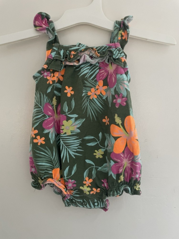 Carters Baby Girl Tropical Floral Ruffle Cotton Sleeveless Romper Olive Green 3M