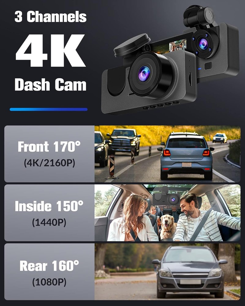 4K Dual Lens Car DVR Camera Front/Rear/Inside Video Recorder G-Sensor Dash Cam