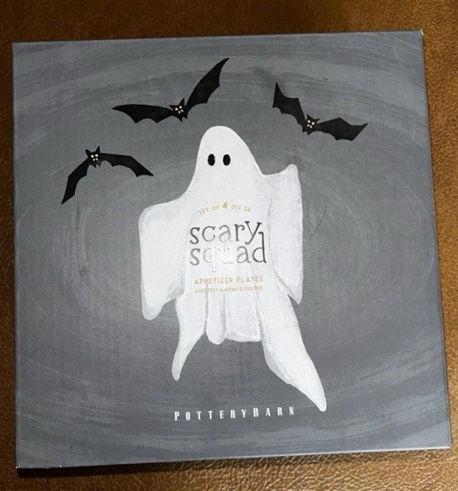 Pottery Barn Scary Squad Stoneware Appetizer Plates Set of 4 Halloween New Box