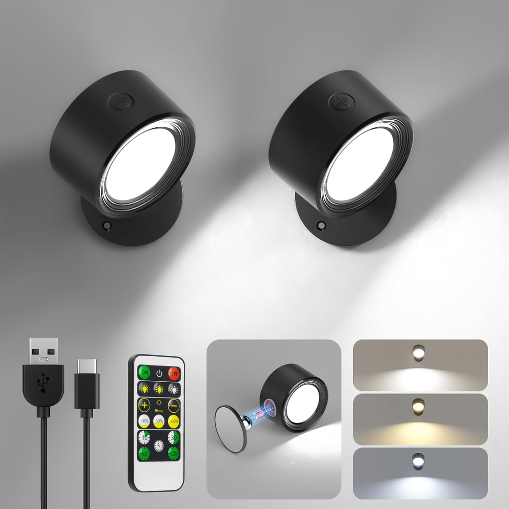LED Wall Mounted Lights 2 Pcs with Remote, Wall Sconces Lamp 3000Mah Rechargeabl