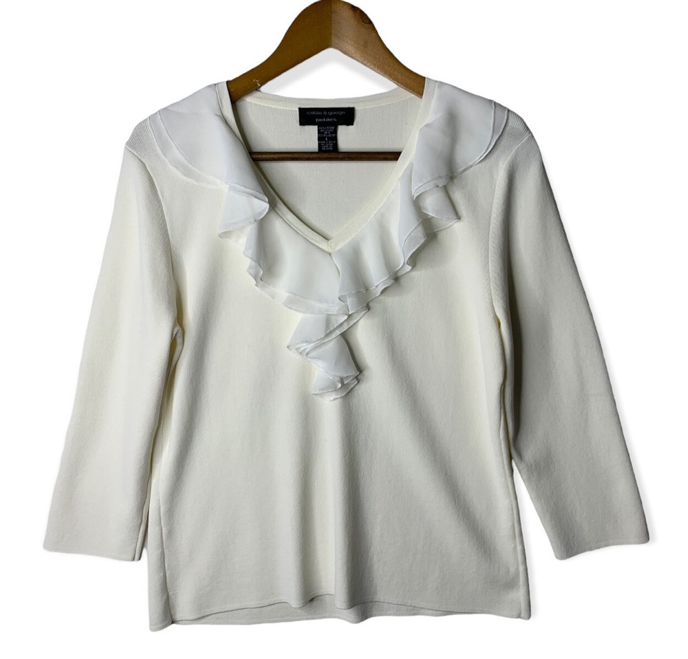 Cable & Gauge Womens L Ruffle V Neck Blouse 3/4 Sleeve Top