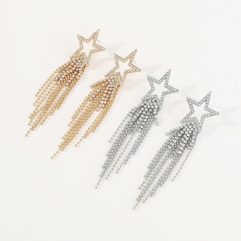 Boho Crystal Star Tassel Dangle Earrings for Women