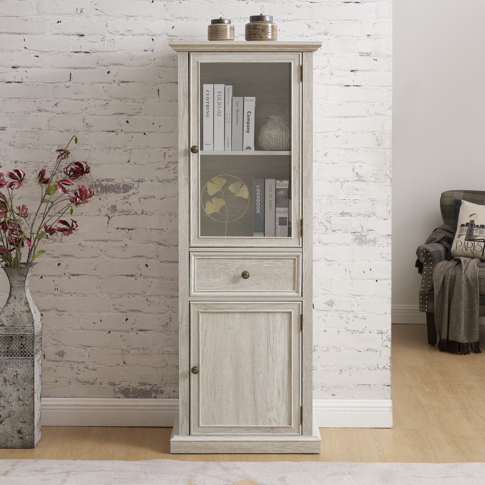 Tall Storage Cabinet with Glass Doors, Shelves, and Drawers