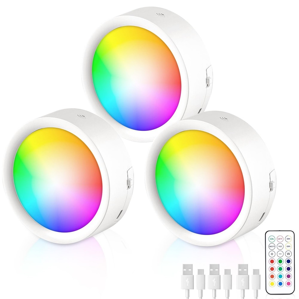 Magnetic Under Cabinet Lights, 3 Pack Rechargeable Puck Push Light with Wirel...