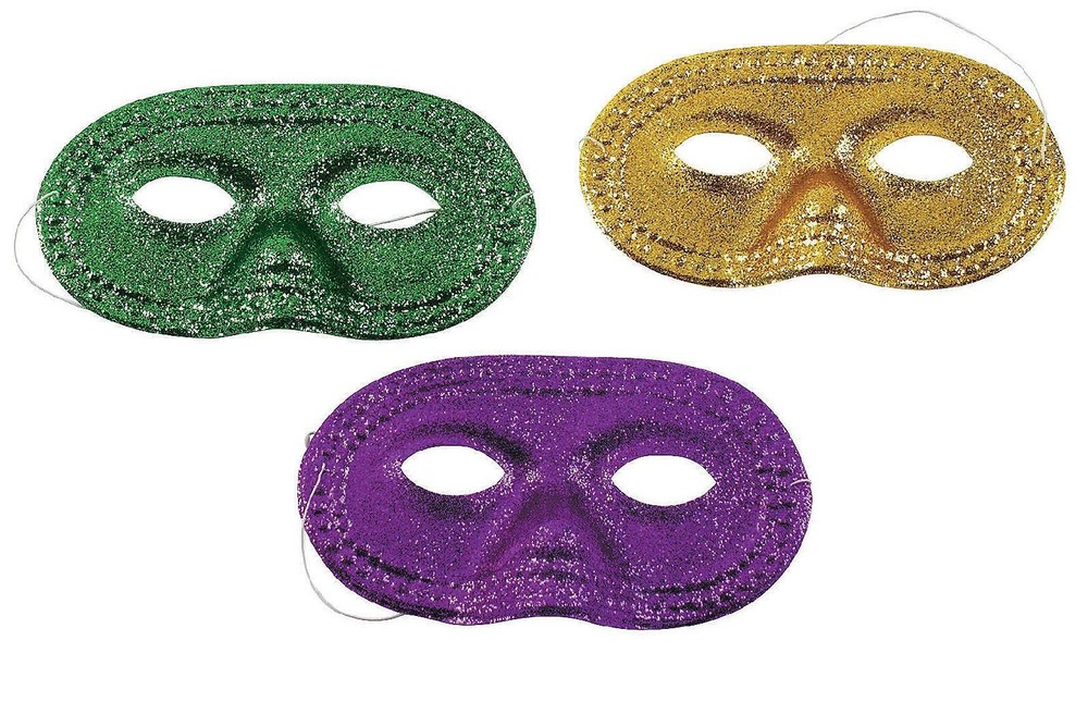 12-Piece Glittery Mardi Gras Masks in Purple Gold Green with Elastic String