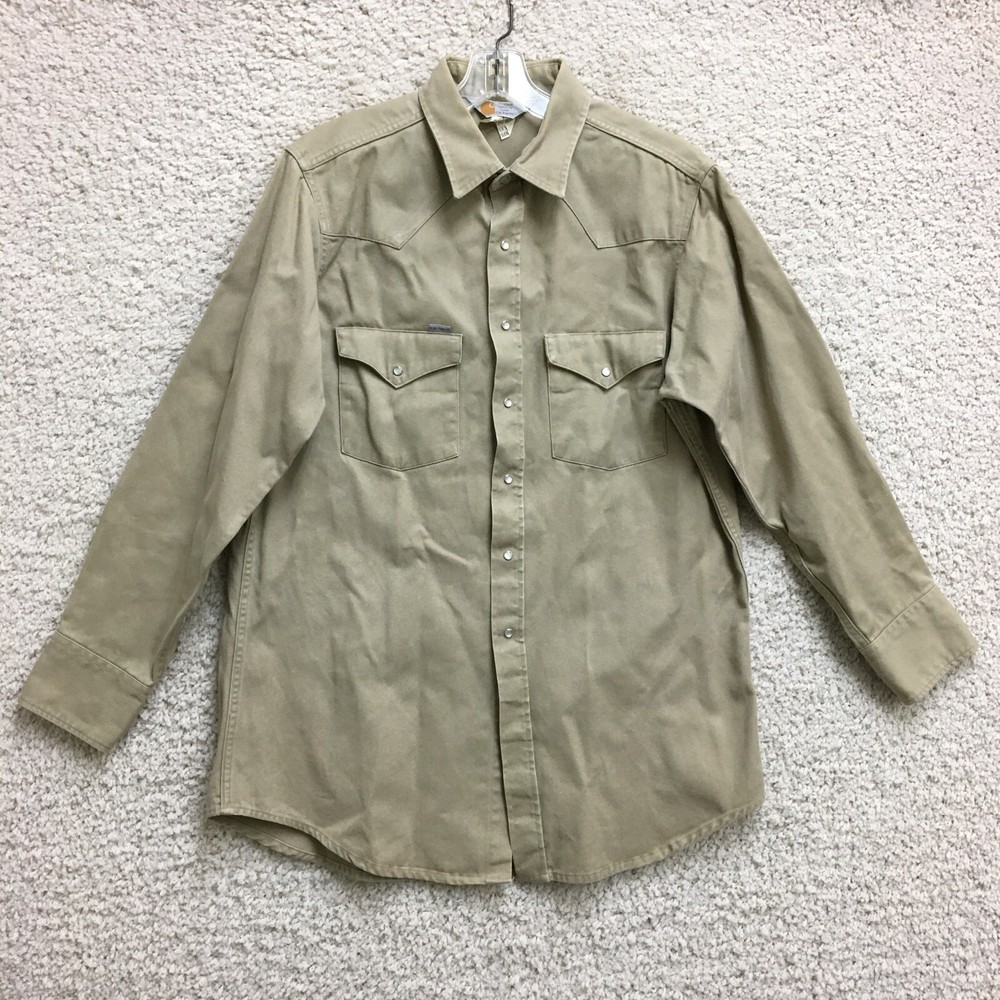 VINTAGE Carhartt Button Up Shirt Extra Large Mens Khaki Pearl Snap Overshirt XL