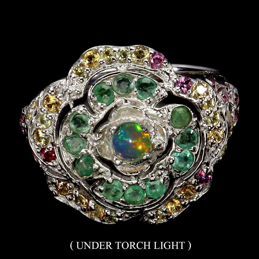 Valentine 925 Silver Ring with Round Fire Opal and Emerald Natural Gemstone Jewelry Size