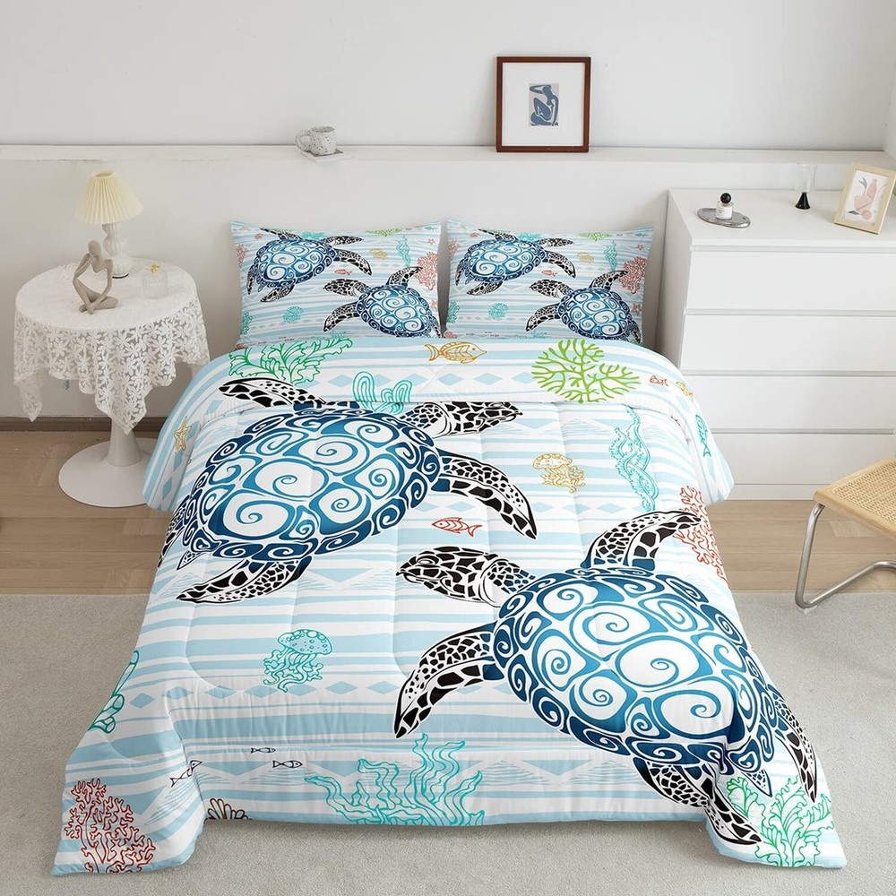 Sea Turtle Bedding Set Kawaii Room Decor, Coastal Beach Themed Comforter Set ...