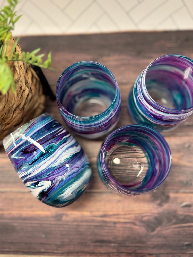 set of 4 handmade teal, purple & white resin coated 20.5oz stemless wineglasses