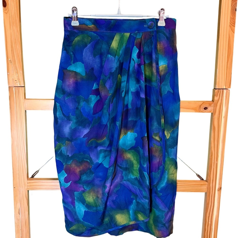 Jo Hardin Silk Vintage Skirt Blue Purple Floral Tulip Pleated Size 10
